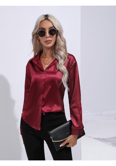 Bordo İlkbahar Ve Sonbahar Kadın Gömlek Saten Gömlek Mizaç Banliyö Uzun Kollu Üst Bordo