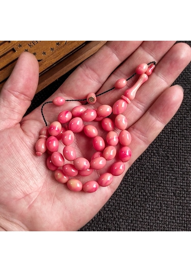 İmzalı 8X11 mm Pembe Sıkma Kehribar Tesbih Usta İşçilikli