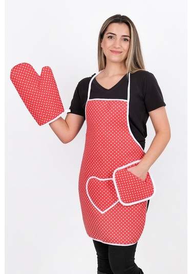 Trendy 3lü Set Sıvı Su Geçirmez Mutfak Önlüğü Isıya Dayanıklı Fırın Eldiveni Ve Tutacak Çeyiz Seti Kırmızı Puantiye