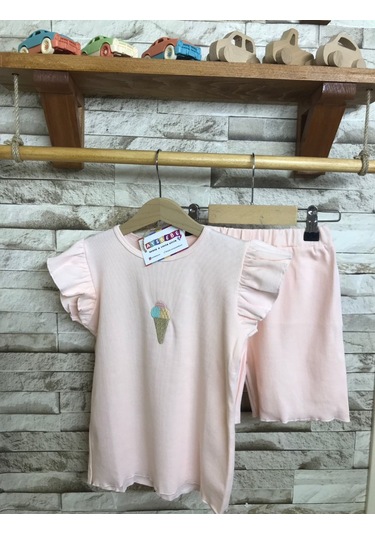 Aysbebe Kız Çocuk Dondurma Nakışlı Şortlu Kaşkorse Takım Kısa Kollu Somon MTC1002S