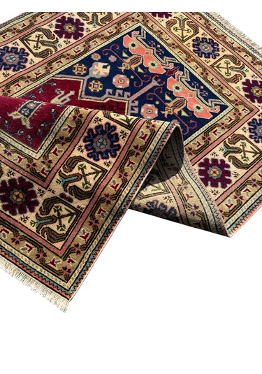 El Dokuma Vintage Eskitme Bünyan Halısı Seccade 86x130 Kırmızı Krem Kırmızı