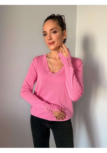 Ali Butik Pembe V Yaka Kol Detaylı Triko Pembe