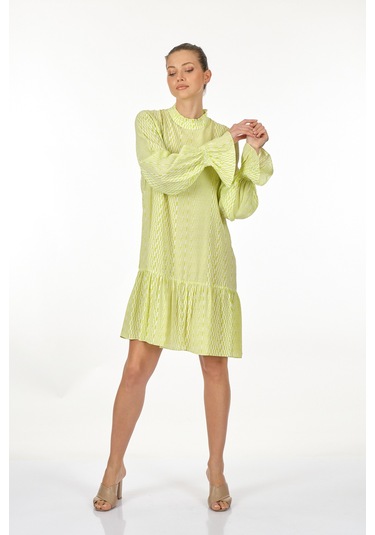 Perspective Dik Yaka Uzun Kollu Ekru Misket Limonu Kadın Elbise 2 001