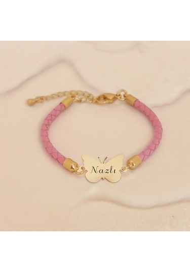Archin Nazlı İsmine Özel 14 Ayar Altın Plakalı Doğal Pembe Derili Kelebek Motifli Hediye Bileklik-429isim Nazlı