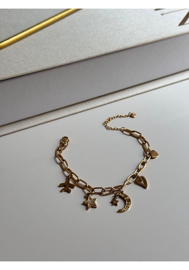 Altın Kaplama Yıldız, Ay Ve Kalp Figürlü Çelik Zincir Bileklik Altın
