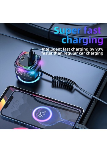 Yaylı Type-c Kablo İle Usb + Type-c Pd 30w Telefon Hızlı Şarj Adaptörü Araç Şarj Cihazı