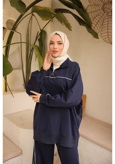 Tesettür Eşofman Takımı Ikili Takım Fermuarlı Yaka M-483 Lacivert