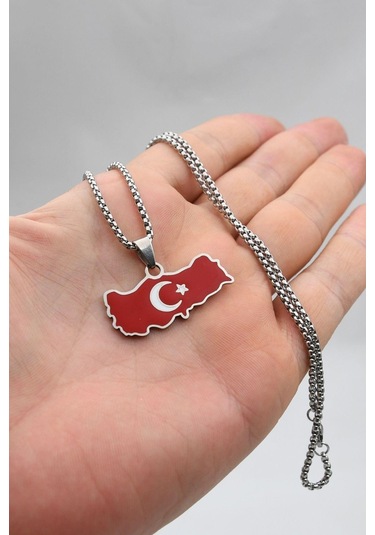Türk Bayrağı - Ay Yıldızlı Mineli Kolye Paslanmaz Çelik Zincir 902296 Gümüş