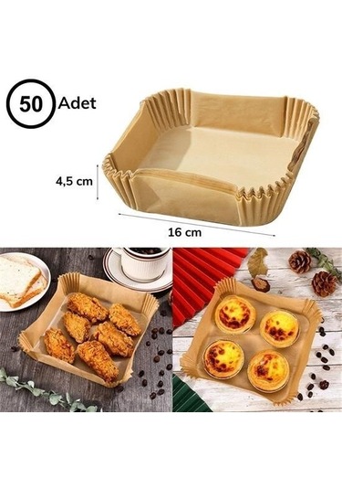 9072618519435drvs1 - 50 Adet Air Fryer Pişirme Kağıdı Tek Kullanımlık Hava Fritöz Yağ Geçirmez Yapışmaz Kare Tabak Model