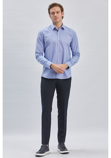 Mavi Uzun Kollu Bez Ayağı Sert Yaka Cepsiz Pamuklu Klasik Slim Fit Dar Kesim Gömlek 1004240230 Mavi