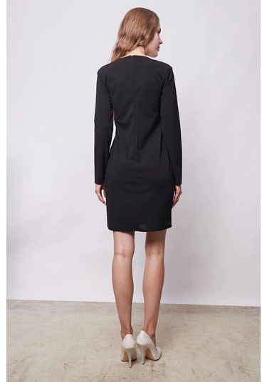 Kadın Likralı Krep Kumaş Kare Yaka Uzun Kol Önü Düğmeli Ofis Ceket Elbise-siyah Siyah