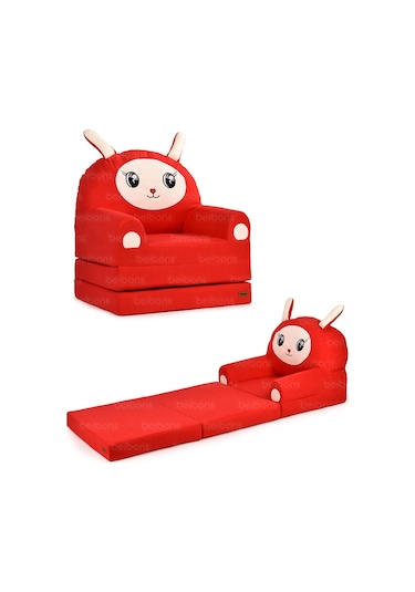 Portatif Katlanabilir Sevimli Çocuk Koltuğu - 3 Katlı Çocuk Yatak Koltuk - Taşınabilir Bebek Koltuğu Kırmızı