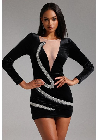 Kadife V Yaka Uzun Kollu Diamond Mini Elbise Siyah