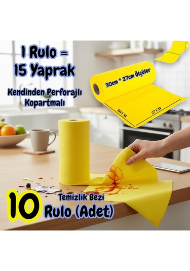 Technow Softtex 15 Kesimli Sarı Kopar Kullan Rulo Temizlik Bezi 27x30 Cm 10'lu Sarı
