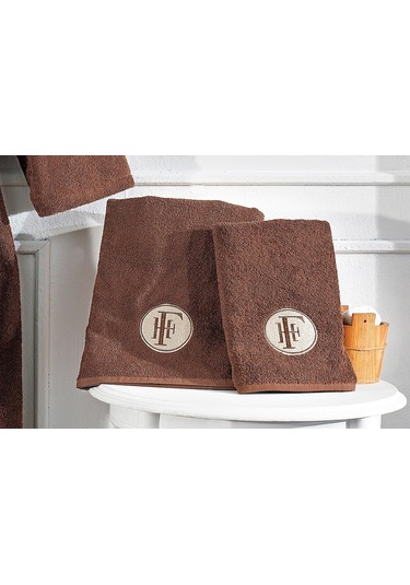 Finezza Troya %100 Pamuk Biyeli Nakışlı Kahverengi Bornoz Seti 3 Kahverengi