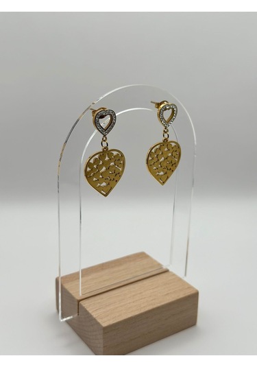 Arnes Jewelry Çelik Sallantılı Zirkon Taşlı Kalpli Küpe Ar254nes Gold