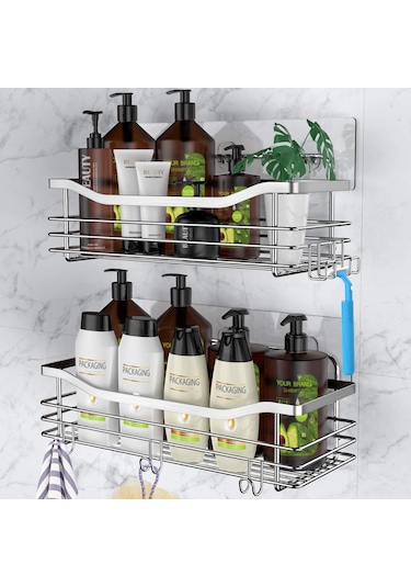 Hfambition Sus304 Paslanmaz Çelik Duş Dolabı, Delme Yok, 5 Kanca, Su Geçirmez Duş/ Mutfak Düzenleyici Rafı 2 Adet Gümüş