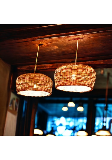 Hasır Avize El Yapımı Yuvarlak 30 Cm Sarı