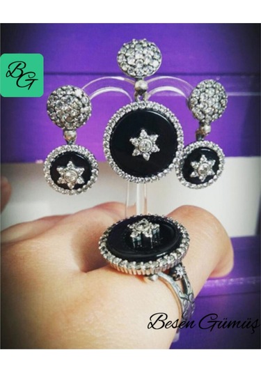 Zirkon Taşlı Oniks Taş Üzerinde Yıldız Set Rose Gold - Gümüş