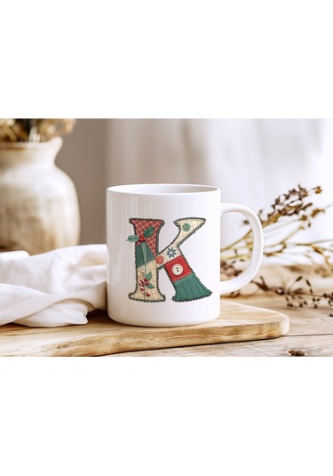 K Harfi Yılbaşı Temalı Kupa Bardak - Yeni Yıl Konsept Yamalı Efekt Tasarım - Noel Hediye Beyaz