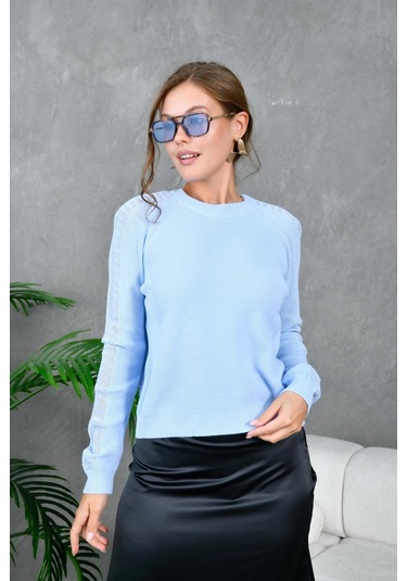 Kadın Bisiklet Yaka Kolları Ajurlu Basic Triko Kazak Bebe Mavi