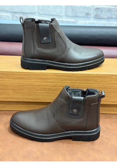 Hakiki Deri Büyük Numara Ortopedik Kürklü Erkek Bot Kahve