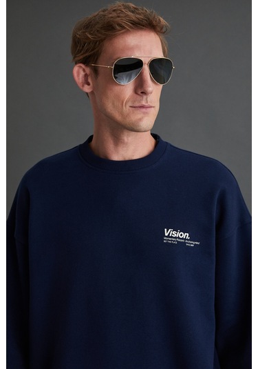 Ernest Erkek Yumuşacık Içi Polarlı Baskı Detaylı Organik Pamuk Oversize Lacivert Sweatshirt