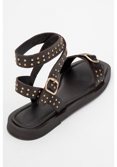 Carril Kahverengi Hakiki Deri Troklu Kadın Sandalet Kahverengi