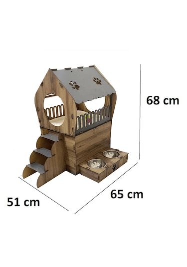 Missidea Dekoratif Teraslı Kedi Evi Ve Mama Kabı Seti