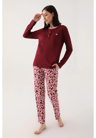 Arnetta 2638 Uzun Kol Kadın Pijama Takımı Kızıl Kahve V1 Kızıl Kahverengi
