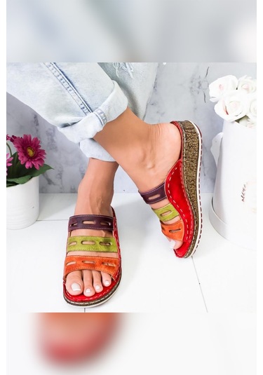 Hakiki Deri Joelle Kırmızı Mor Turuncu Yeşil Bej Comfort Lazer Kesim Terlik 001