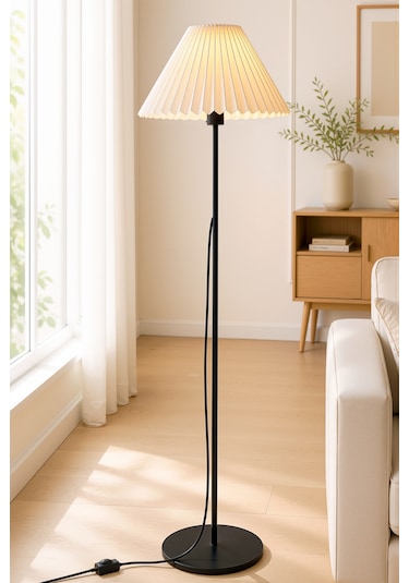 Umbrella Lambader Siyah Metal Tek Ayaklı Lamba Krem Modern Kırma Kumaş Başlık Lam07