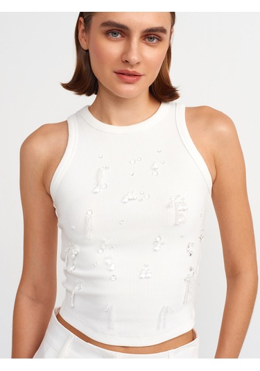 Dilvin Boncuk İşlemeli Fitilli Atlet Beyaz