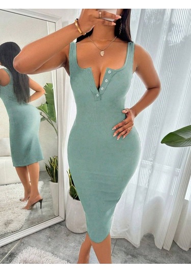 Kadın Askılı Önü Düğmeli Midi Kaşkorse Elbise Yeşil