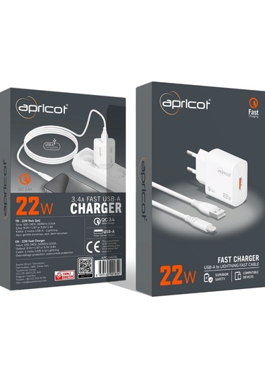 Apricot Apc-u422l 22w Lightning Kablolu Beyaz Hızlı Ev Şarj Adaptörü Set Şarj Cihazı