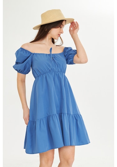 Kutaf Beli Lastikli Buzgulu Poplin Elbise Orta Mavi