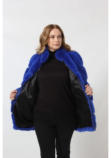 Moda Berray 3258 Kadın Fermuarlı Dık Yakalı Lüks Suni Kürk Kaban Saks