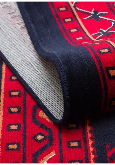 Herat Her 01 Navy Afgan Desenli Viskon Sık Dokuma Kaymaz Tabanlı İnce Makine Halısı