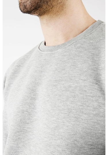 Uniprom Sıfır Yaka Sweatshirt Kalın Kumaş İçi Şardonlu Gri Erkek Açık Gri