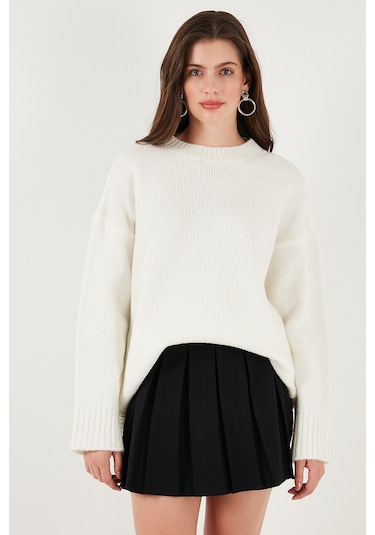 Lela Regular Fit Bisiklet Yaka Basic Triko Bayan Kazak 4616213 Ekru