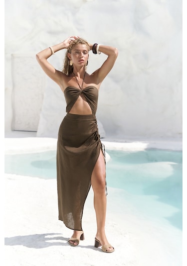 Mai Collection Abrossa Boyundan Bağcıklı Asimetrik Kahve Keten Elbise Kahverengi