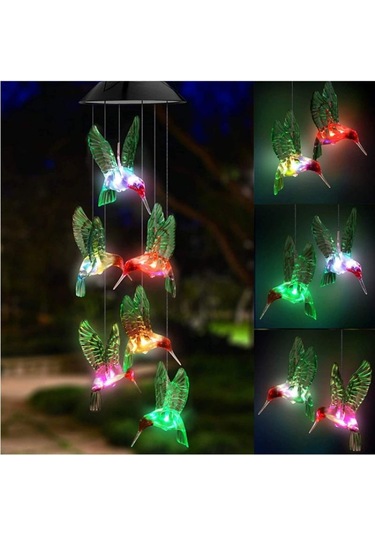 Tenfowee Kırmızı Kasa Led Güneş Enerjili Çan Çalar, Renkli Degrade İpek Kuşlu Bahçe Dışarı Dekorasyon, Noel Hediyesi