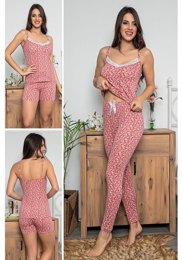 Kadın Pembe Renkli Dantel Detaylı Şortlu Ve Taytlı Pijama Takımı 3'lü Set 75012 Pembe