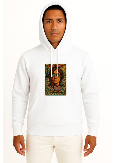 Kapüşonlu John Lennon You May Say İ M A Dreamer Göğüs Tasarımlı Unisex Sweatshirt Beyaz