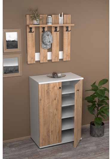 Portmanto Vestiyer 5 Raflı Ayakkabılık Ve Çit Duvar Askılık Set Çam-beyaz Kahverengi