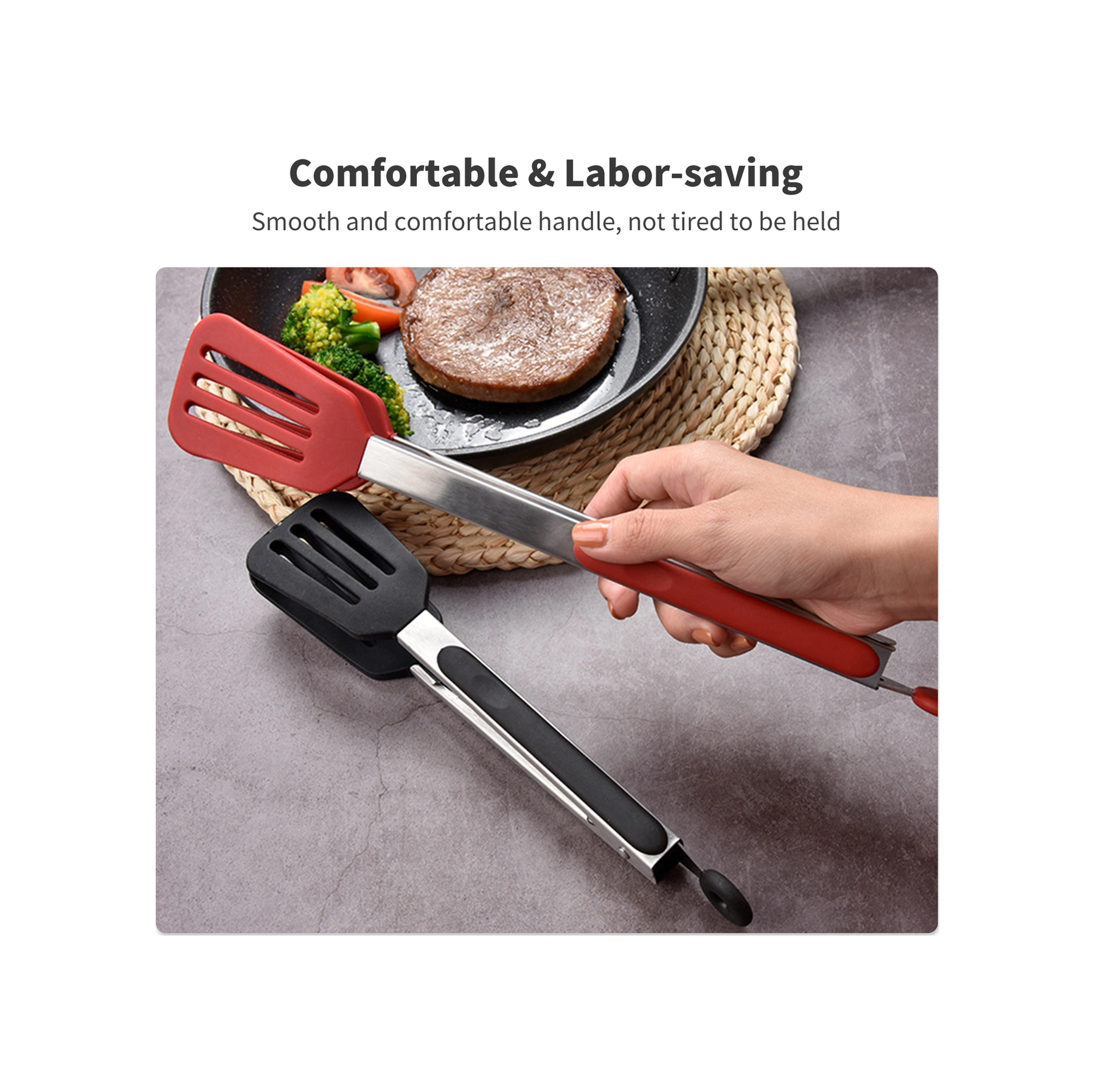 Youmex 34.5 Cm Büyük Boy Gıda Kalitesi Silikon & Paslanmaz Çelik Izgara Araçları, Isıya Dayanıklı, Tutuşu Kolay, Asma Çemberi, Kırmızı Çok Renkli