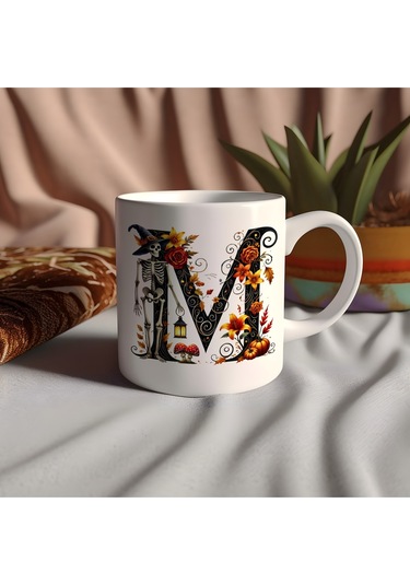 M Harfi Şapkalı İskelet Figürlü Ve Çiçekli Kupa Bardak - Cadılar Bayramı / Halloween Özel Hediye Beyaz