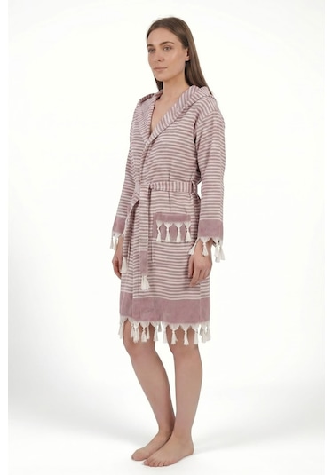 Kapşonlu Unisex Peştemal Plaj Bornozu %100 Pamuklu Seaside Stripe Bordo