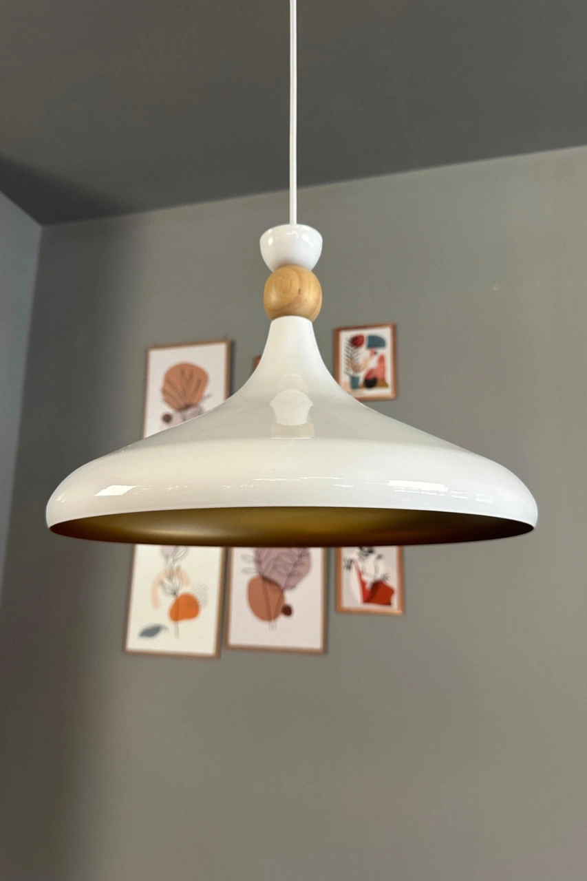 Champion Beyaz Ahşap Şapka Tekli Avize Sarkıt Salon Mutfak Cafe Butik Lamba Aydınlatma Avizeler Beyaz-Gold