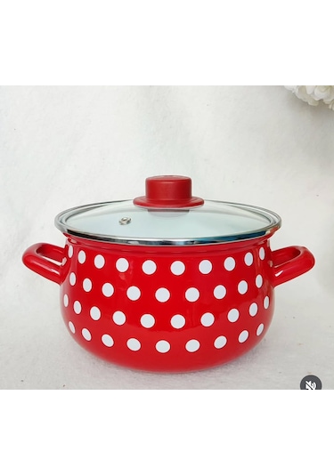 Retro Kırmızı Puantiyeli 20 Cm 3 Litre Emaye Süt Yoğurt Tencere
